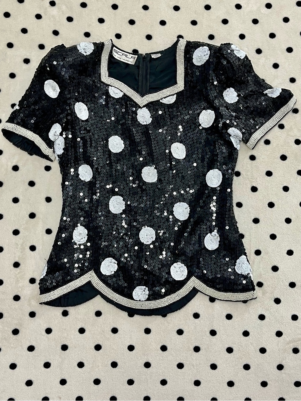 Vintage Scala Silk Sequined Polka Dot Pearl Trim Scalloped Blouse Size M